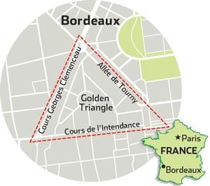 kort af Bordeaux golden þríhyrningur 