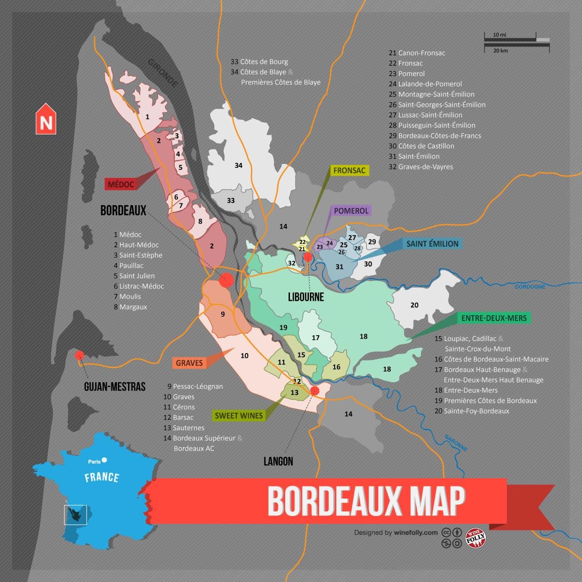 Bordeaux vín land kort