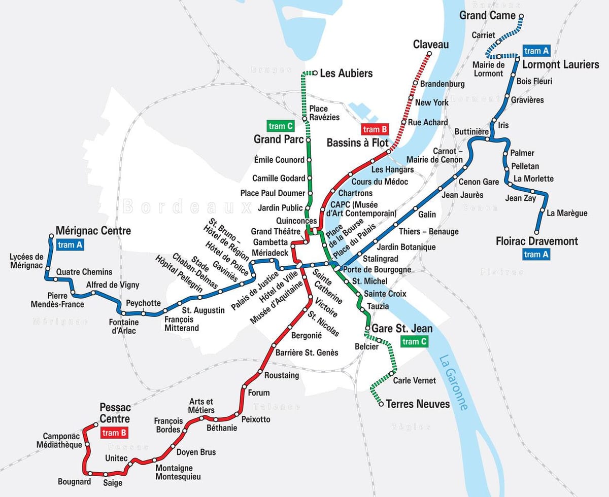 sporvagn kort Bordeaux frakklandi