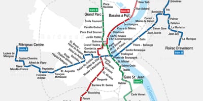 Bordeaux sporvagn leið kort
